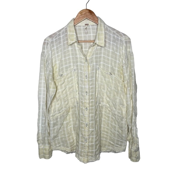 Free People Loveland Woven Plaid Button Down Shirt Citron Yellow - Picture 6 of 12